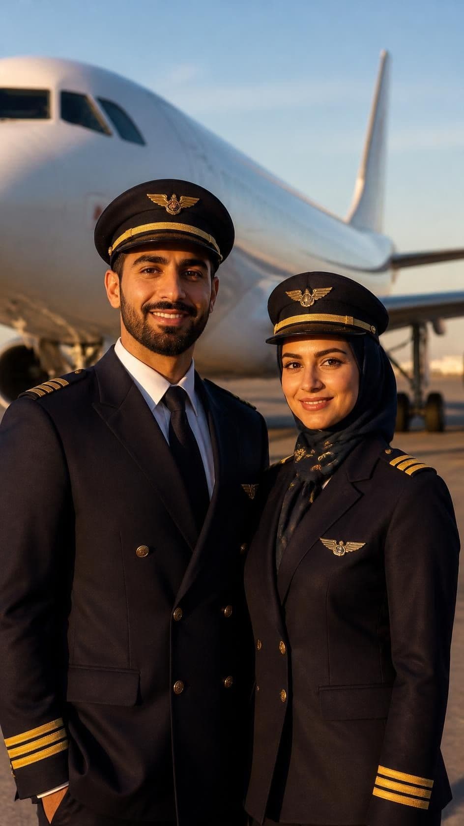 Two pilots in navy uniforms in front of an aircraft