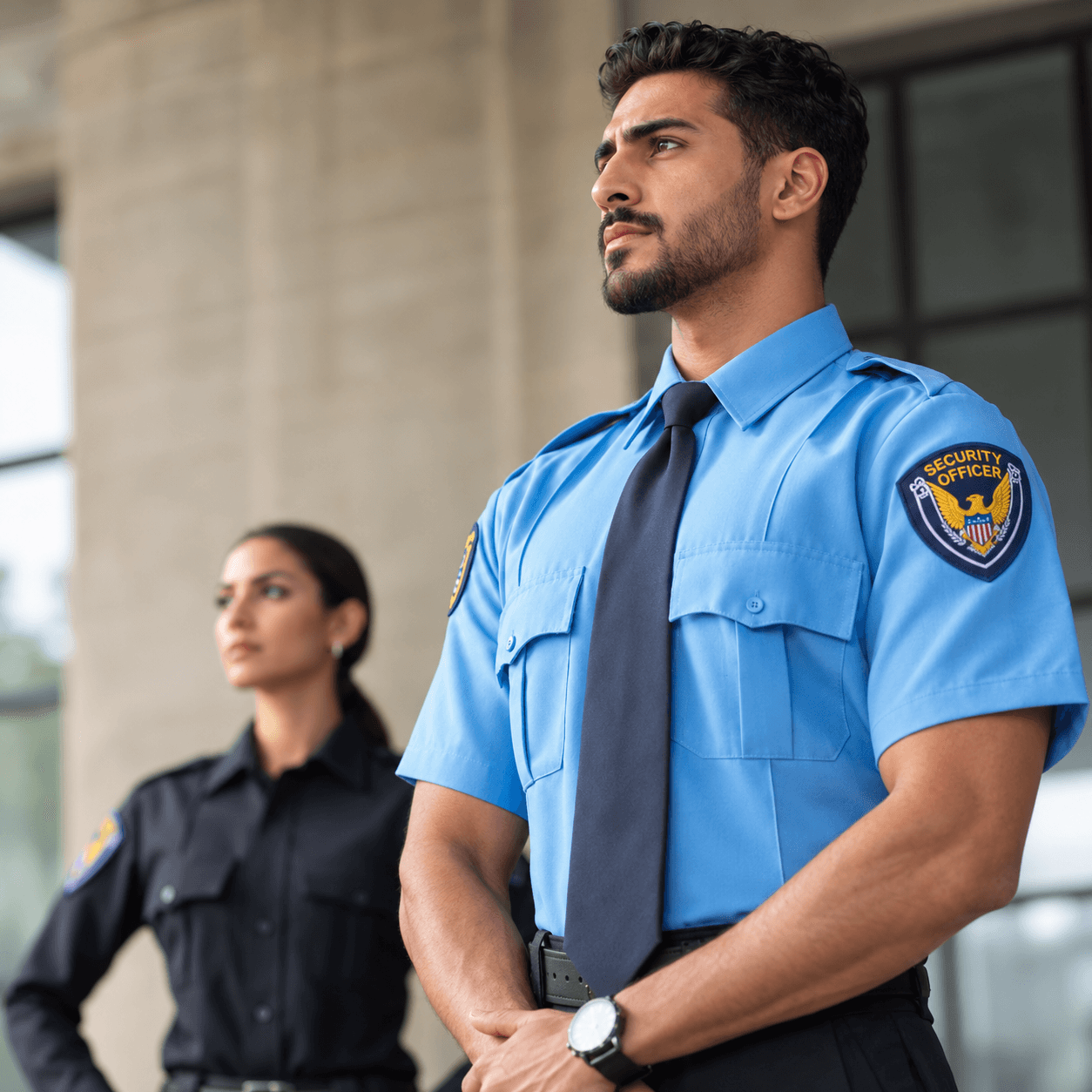 Security officer in black uniform beside a motorcycle